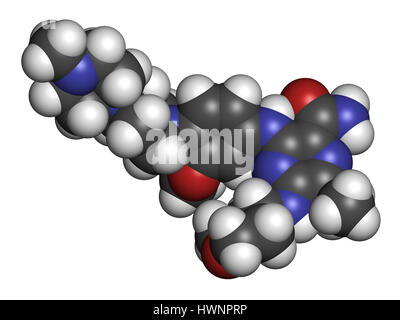Gilteritinib cancer drug molecule (kinase inhibitor). 3D rendering. Atoms are represented as spheres with conventional color coding: hydrogen (white), Stock Photo