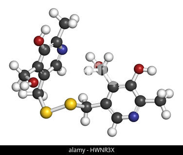 Pyritinol (pyridoxine disulfide) cognitive and learning disorder drug molecule. Also used in nootropic dietary supplements. 3D rendering. Atoms are re Stock Photo