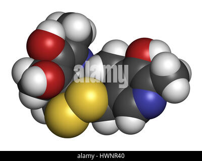 Pyritinol (pyridoxine disulfide) cognitive and learning disorder drug molecule. Also used in nootropic dietary supplements. 3D rendering. Atoms are re Stock Photo