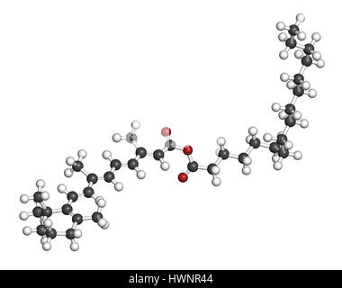 Retinyl palmitate vitamin supplement molecule. Ester of vitamin A (retinol) and palmitic acid. 3D rendering. Atoms are represented as spheres with con Stock Photo