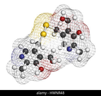 Pyritinol (pyridoxine disulfide) cognitive and learning disorder drug molecule. Also used in nootropic dietary supplements. 3D rendering. Atoms are re Stock Photo