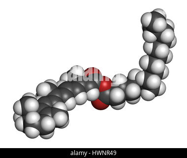 Retinyl palmitate vitamin supplement molecule. Ester of vitamin A (retinol) and palmitic acid. 3D rendering. Atoms are represented as spheres with con Stock Photo