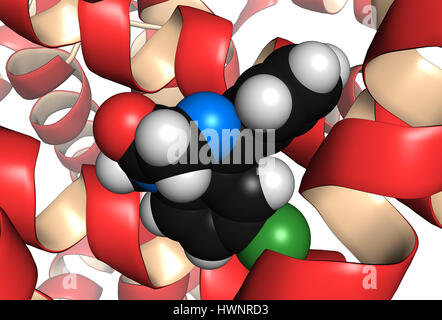 Diazepam drug molecule bound to human serum albumin protein, 3D rendering. Protein shown as cartoon model, drug as filled spheres model. Stock Photo