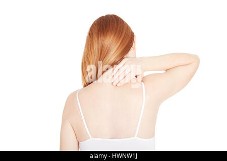 Woman with neck pain holding hand in the painful area on white, clipping path Stock Photo