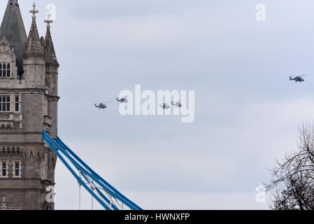 A farewell tour flypast of four Mk8 Westland Lynx helicopters flew over a number of locations and along the Thames in London to mark their retirement Stock Photo