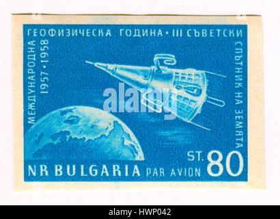 GOMEL, BELARUS, 22 MARCH 2017, Stamp printed in Bulgaria shows image of the Sputnik 3 was a Soviet satellite launched on May 15, 1958 from Baikonur Co Stock Photo