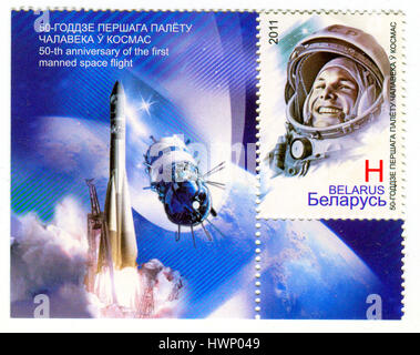 GOMEL, BELARUS, 22 MARCH 2017, Stamp printed in BELARUS shows image of the 50-th anniversary of the first manned space flight, circa 2011. Stock Photo