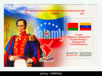 GOMEL, BELARUS, 22 MARCH 2017, Stamp printed in BELARUS shows image of the Simon Jose Antonio de la Santisima Trinidad Bolivar y Palacios, known as El Stock Photo