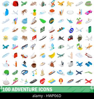100 adventure icons set, isometric 3d style Stock Vector