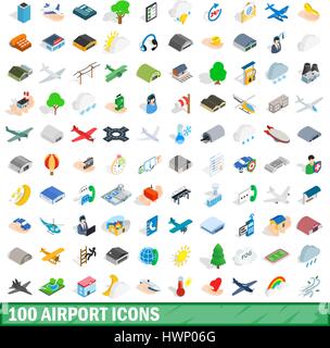 100 airport icons set, isometric 3d style Stock Vector