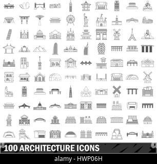 100 architecture icons set, outline style Stock Vector