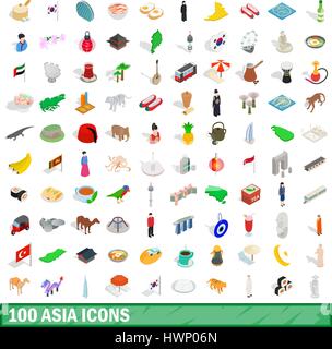 100 asia icons set, isometric 3d style Stock Vector