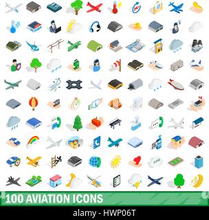 100 aviation icons set, isometric 3d style Stock Vector