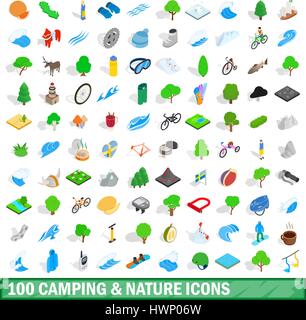100 camping nature icons set, isometric 3d style Stock Vector