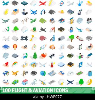 100 flight aviation icons set, isometric 3d style Stock Vector