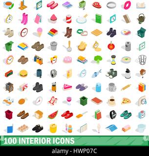 100 interior icons set, isometric 3d style Stock Vector