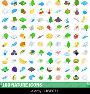 100 nature icons set, isometric 3d style Stock Vector