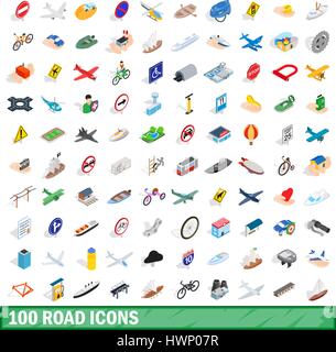 100 road icons set, isometric 3d style Stock Vector