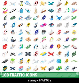 100 traffic icons set, isometric 3d style Stock Vector
