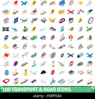 100 transport and road icons set, isometric style Stock Vector