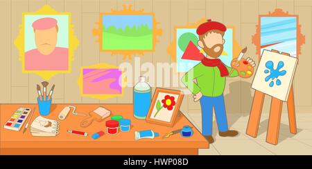 Artist horizontal banner workshop, cartoon style Stock Vector
