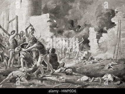 The fall of Saguntum, Valencia, Spain after being besieged by Hannibal in 219 BC.   After the painting by Margaret Dovaston, (1884-1954).  From Hutchinson's History of the Nations, published 1915. Stock Photo