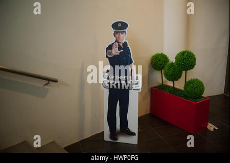 14.02.2017, Singapore, Republic of Singapore, Asia - A warning sign made of cardboard is seen in front of a shopping mall. Stock Photo