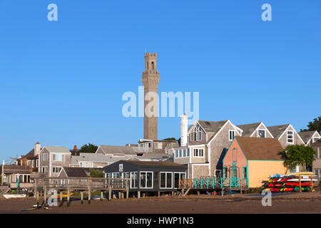 Provincetown landscape showing waterfront buildings and the famous Pilgrim Monument. Stock Photo