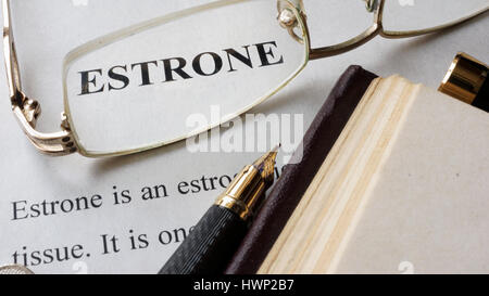 Paper with word Estrone and a book. Stock Photo