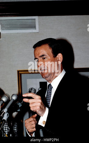 Republican Presidential candidate Pat Buchanan answers reporters questions during a news conference Washington DC., 1992. Photo By Mark Reinstein Stock Photo