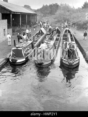 Black Country Museum Dudley England Working Canal Boats, Narrowboats. Taken on medium format Bronica camera. Ilford FP4 film. Stock Photo