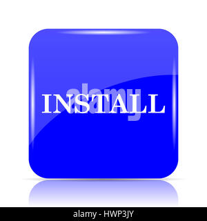 Install icon, blue website button on white background. Stock Photo