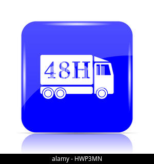 48H delivery truck icon, blue website button on white background. Stock Photo