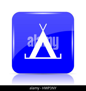 Tent icon, blue website button on white background. Stock Photo