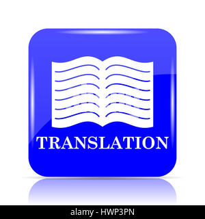 Translation book icon, blue website button on white background. Stock Photo