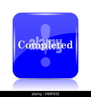 Completed icon, blue website button on white background. Stock Photo