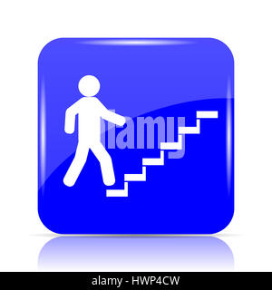 Businessman on stairs - success icon, blue website button on white background. Stock Photo