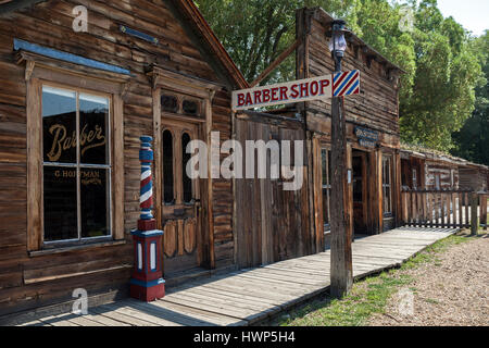 Historic buildings, Barber shop, Wild West open-air museum, Nevada City Museum, former gold mining town, Ghost Town Stock Photo