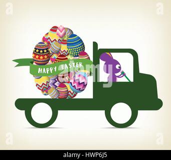 rabbit carrying a gift on the car for happy easter Stock Vector