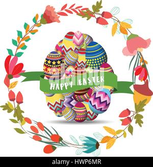 happy easter.Floral Frame. Cute flowers arranged un a shape of the wreath Stock Vector