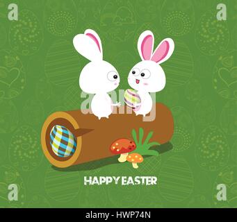 Easter card background - log with colored eggs and bunny Stock Vector