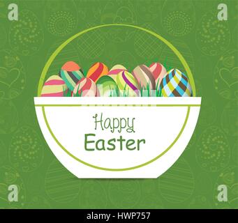 Easter card template - basket with colored eggs and flowers Stock Vector