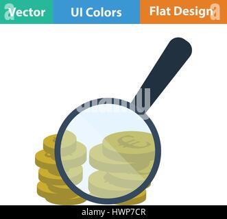 Magnifying over coins stack icon. Flat design. Vector illustration. Stock Vector