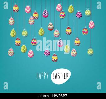 Easter poster. Hanging eggs on blue background with handwritten text Stock Vector