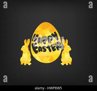 Happy Easter greeting card in low poly triangle style. Flat design polygon of golden easter egg and bunny isolated on black background Stock Vector