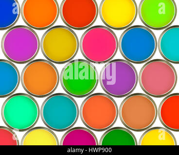 colourful cans of paint pattern on white background Stock Photo