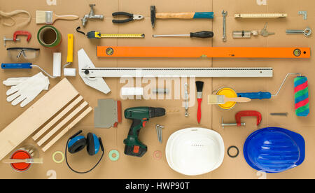 diy work tools pattern bird eye view Stock Photo