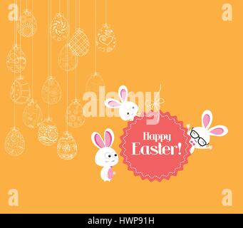 Hanging easter eggs ornament with bunny card Stock Vector
