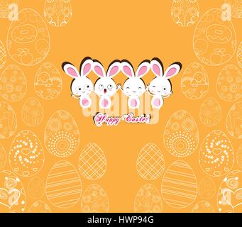 Happy Easter with bunny on the yellow background pattern of ornamental eggs Stock Vector