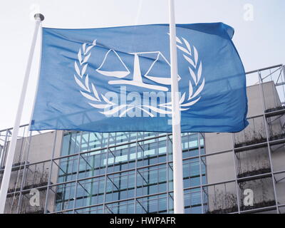 The Hague, Netherlands - March 27, 2016: The flag of the International Criminal Court at the new 2015 opened ICC building. Stock Photo